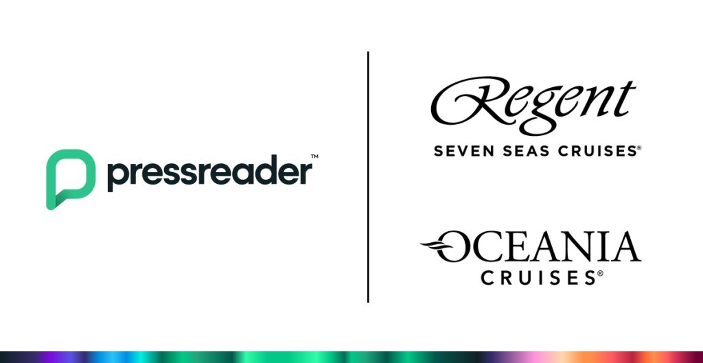 Graphic showing the logos of PressReader, Oceania Cruises and Regent Seven Seas Cruises