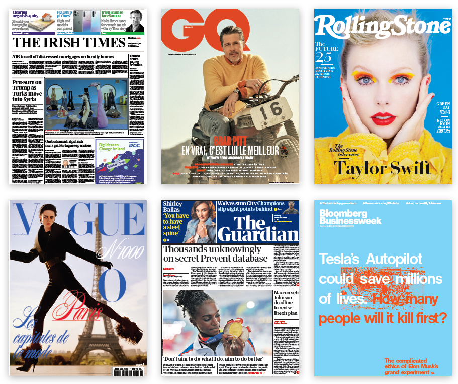 Covers from major newspapers and magazines like Rolling Stone, GQ, The Irish Times, Vogue, and Bloomberg Buisnessweek.
